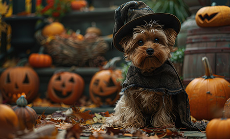 Chien déguisé en sorcier à côté de citrouilles